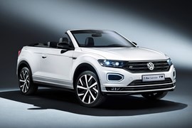 White 2020 Volkswagen T-Roc Cabriolet front three-quarter roof down