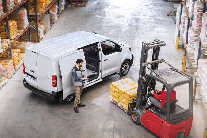 Citroen e-Dispatch electric van - top view, white, being loaded by forklift, 2020