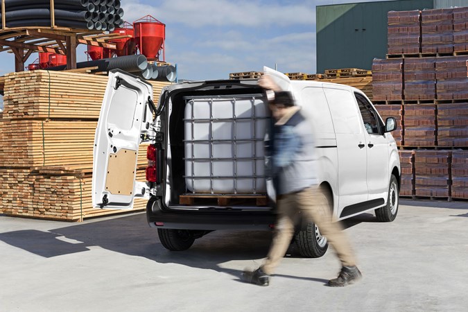 Citroen e-Dispatch electric van - rear view, white, rear doors open, payload, 2020