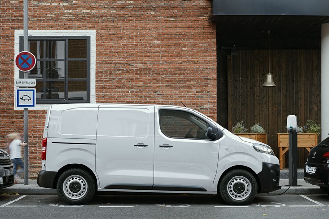 Citroen e-Dispatch electric van - side view, white, charging in the street, 2020