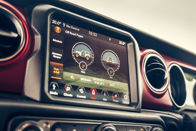 Jeep Wranger helps you to drive off-road with on-screen instrumentation.