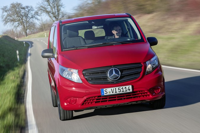 2020 Mercedes-Benz Vito facelift, dead-on front view, red Crew van, driving