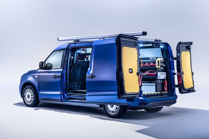 LEVC VN5 electric van - blue, load area with racking, 2020