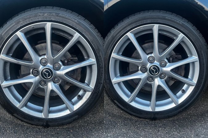 A before and after of using the Meguiar's on a car wheel