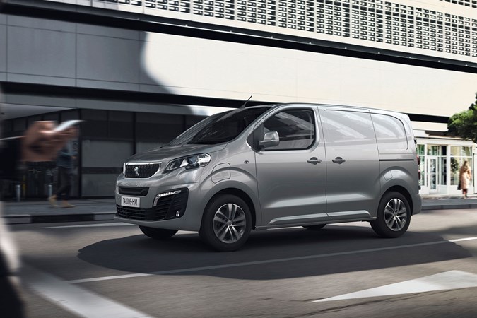 Peugeot e-Expert electric van - silver, front view, driving, 2020
