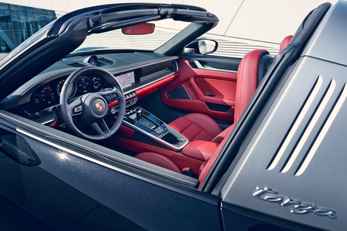 Grey 2020 Porsche 911 Targa with red dashboard