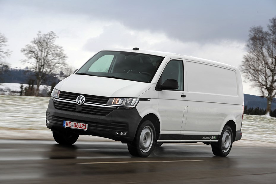 Volkswagen ABT eTransporter electric van - front view, driving, white, snow, 2020
