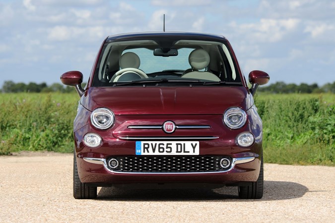 The front end of a purple Fiat 500