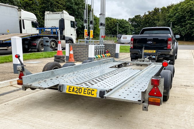 Ford Ranger Raptor with Ifor Williams car trailer, checking lights and connections