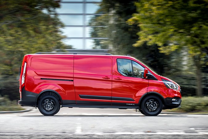 Ford Transit Custom Trail review, 2020, red, side view, driving