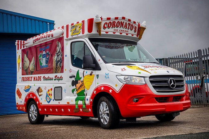 Whitby Morrison Mercedes-Benz Sprinter ice cream van, front view, red and white, 2020