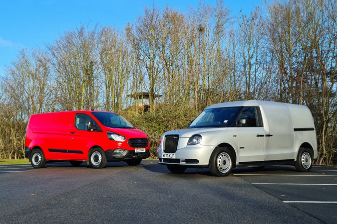 Best hybrid van UK 2021 - Ford Transit Custom PHEV vs LEVC VN5 comparison test, front view, red, silver