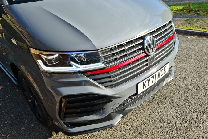 Volkswagen Transporter Sportline review - Black Edition, front grille red stripe detail, T6.1