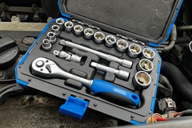 The Draper Socket Set open on an engine bay