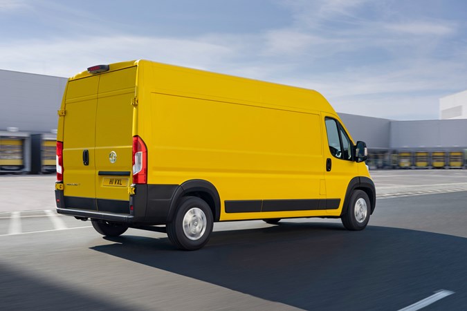 2021 Vauxhall Movano, rear view, driving, yellow
