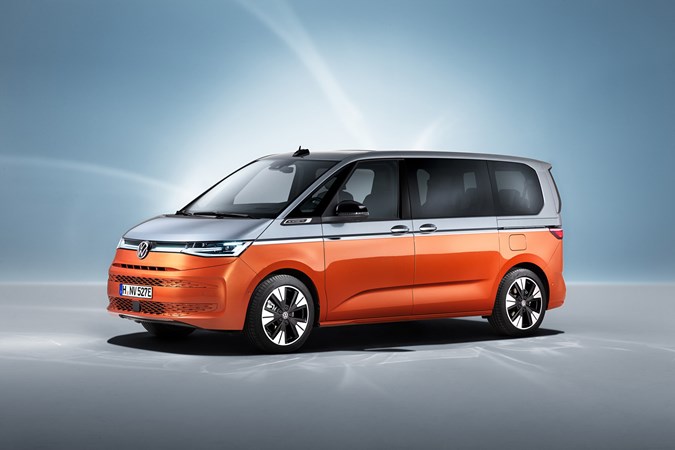 VW Multivan - 2021 Caravelle replacement, front side view, silver and orange