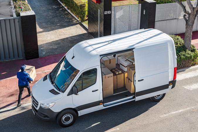 Van security guide - preventing whole van theft easier than preventing theft from van? Mercedes Sprinter overhead view, parcels being delivered