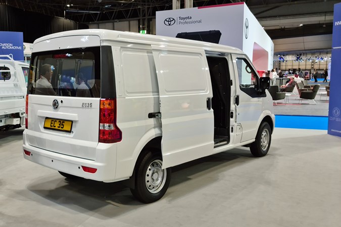 DFSK EC35 electric van at the 2021 CV Show, rear view, white, windowed tailgate shut