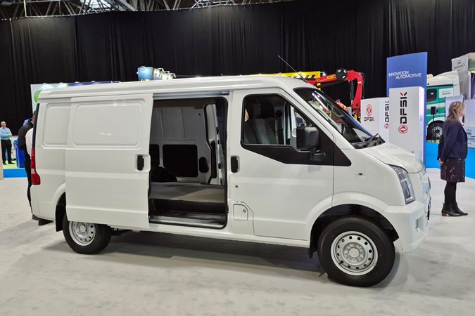 DFSK EC35 electric van at the 2021 CV Show, side view, white, doors open