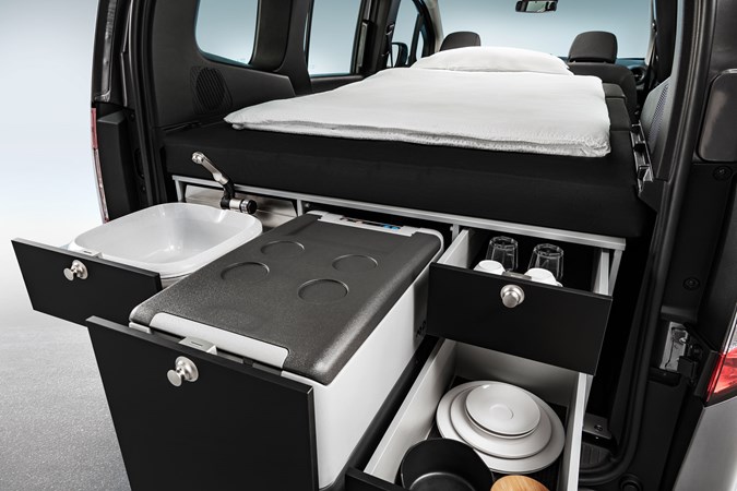 Mercedes-Benz Citan campervan, kitchen area showing since and fridge