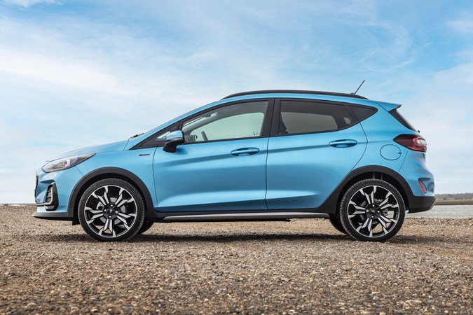 Ford Fiesta Active review - facelift Active X, Boundless Blue, side view, on beach