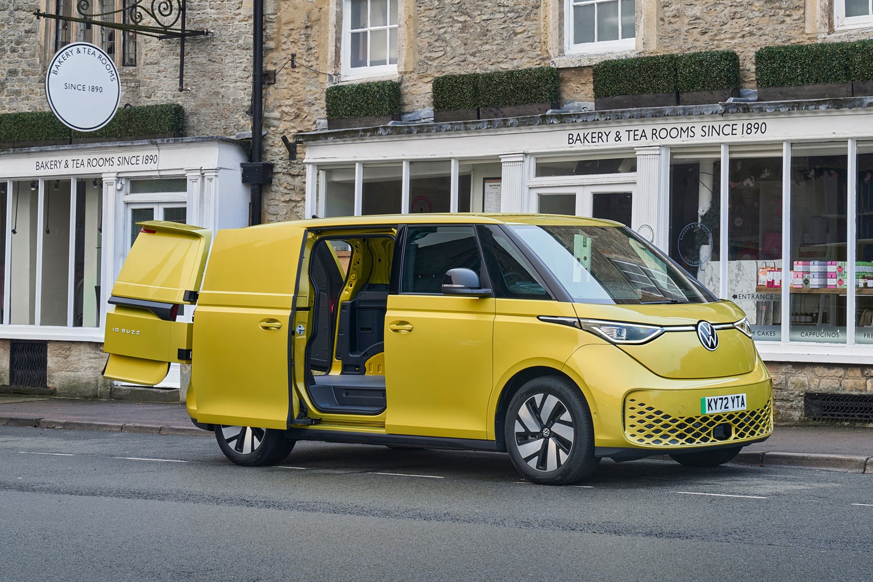 VW ID.Buzz Cargo dimensions - yellow, front view, doors open
