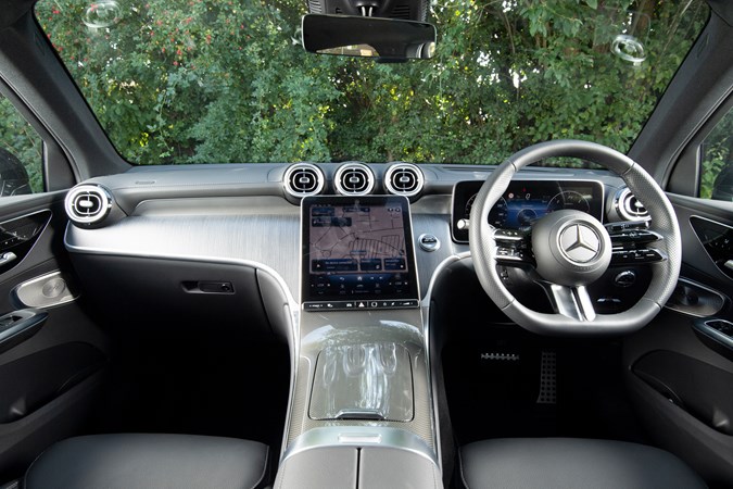 Mercedes GLC (2023) review: dashboard and infotainment system, black leather upholstery