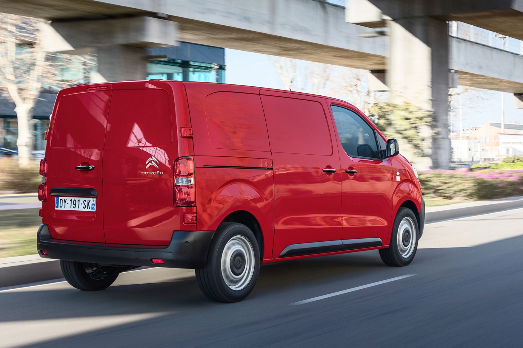 Citroen Dispatch review - rear view, red, driving through city