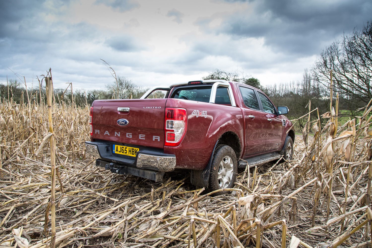 Ford Ranger review - 2016 facelift, rear view, parked in field of crops, dark red