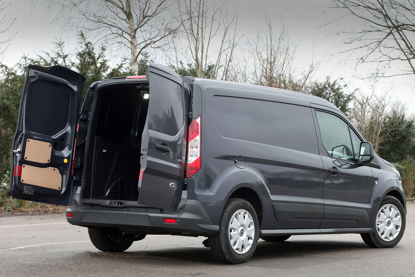Ford Transit Connect review - 2013 Trend, L2 LWB, rear view with doors open, grey-blue