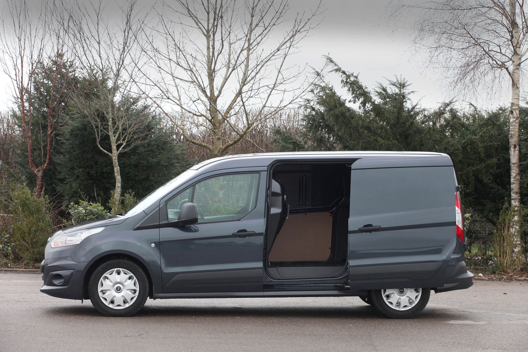 Ford Transit Connect review - 2013 Trend, L2 LWB, side view with sliding door open, grey-blue