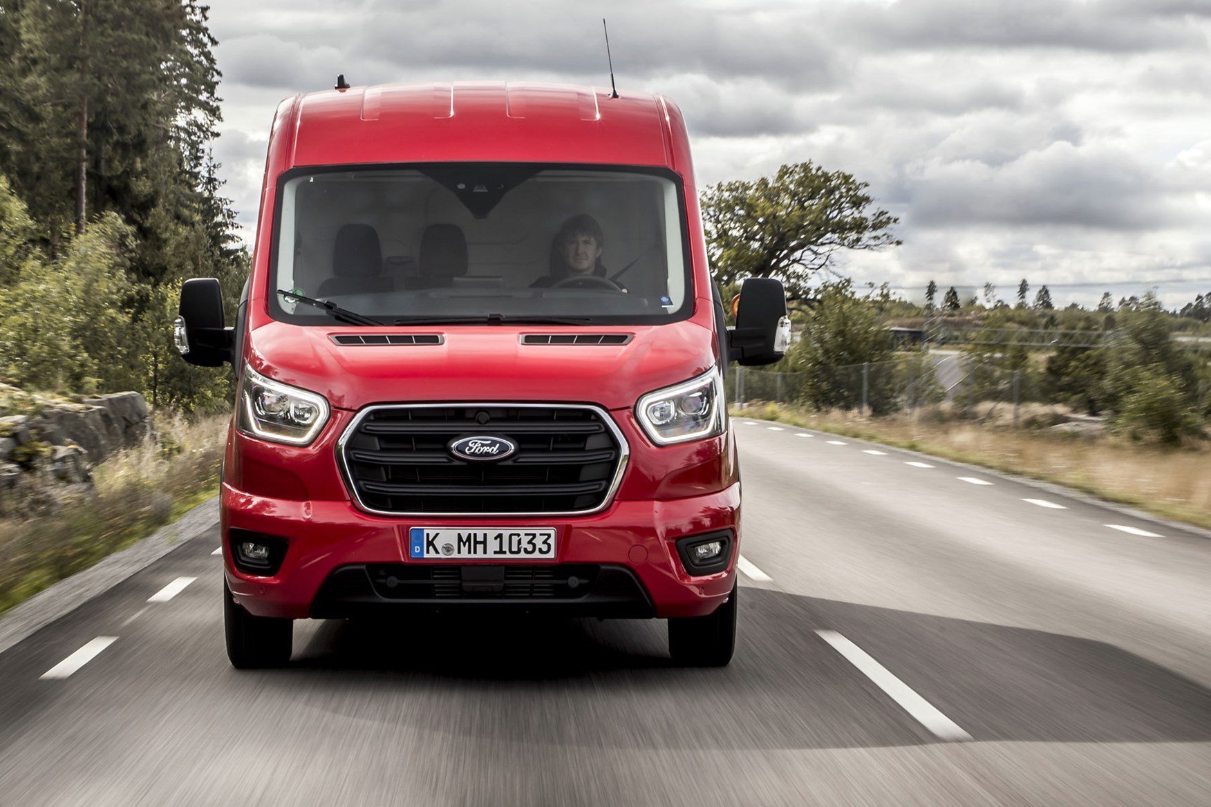 Ford Transit review - 2019 facelift model, dead-on front view, red, Limited