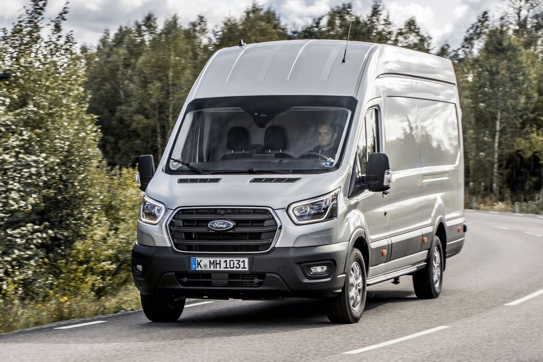 Ford Transit review - 2019 facelift model, front-view, silver, driving