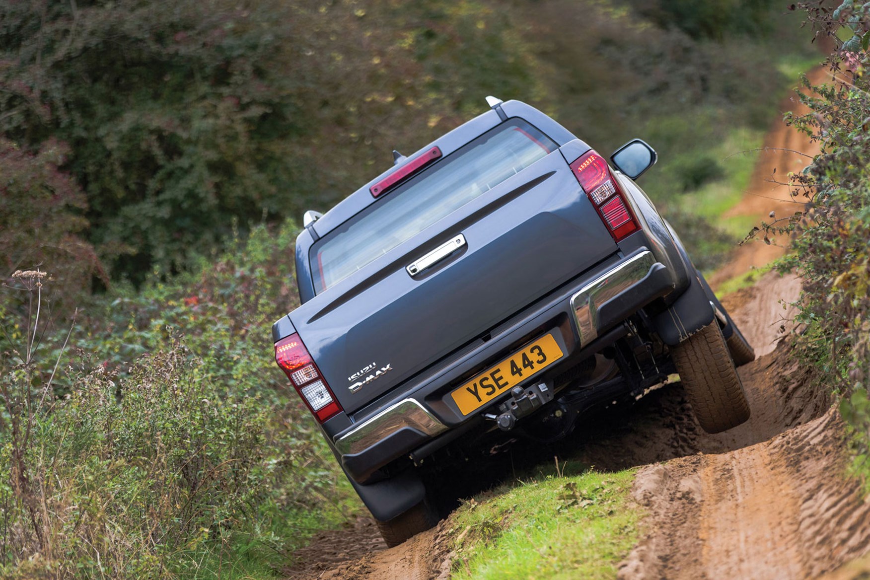 Isuzu D-Max (2017), grey, rear view, driving off-road