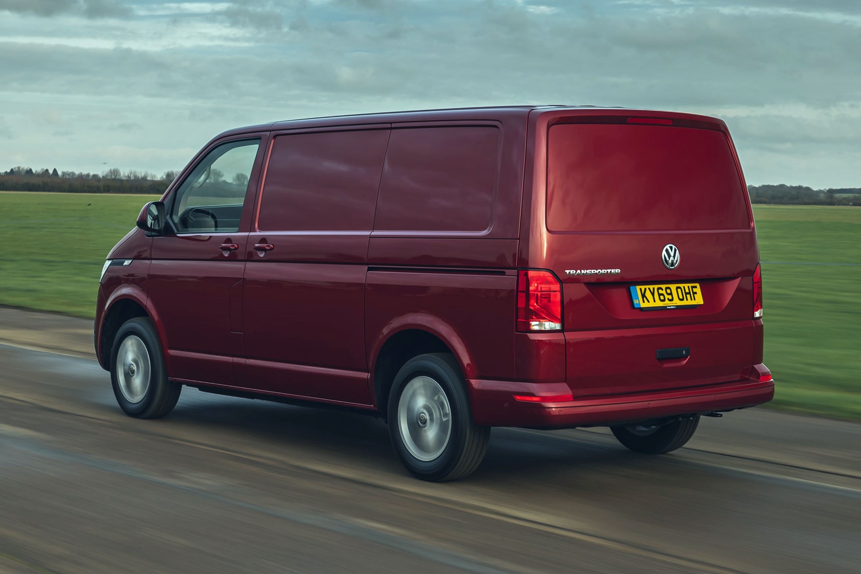 Volkswagen Transporter review, T6.1, 2020, red, rear view, driving