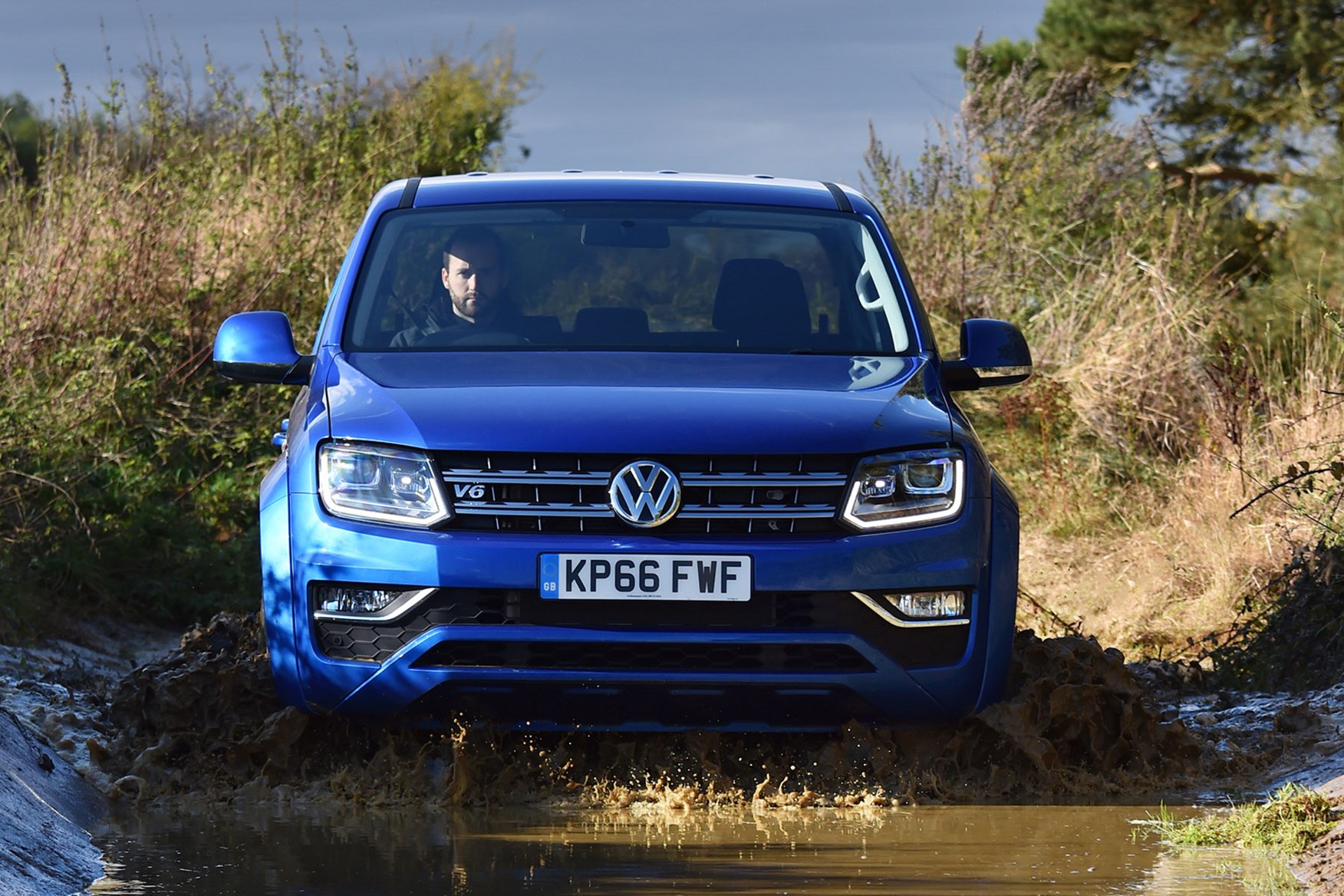 VW Amarok V6 Aventura 224hp review - front view, driving off road, blue
