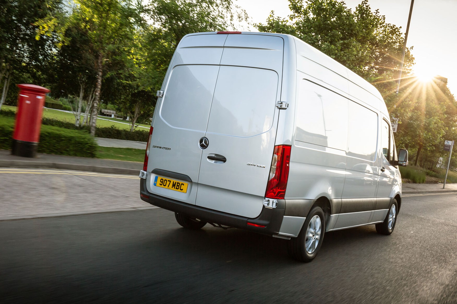 Mercedes Sprinter (2018-on), rear view, silver, UK, driving