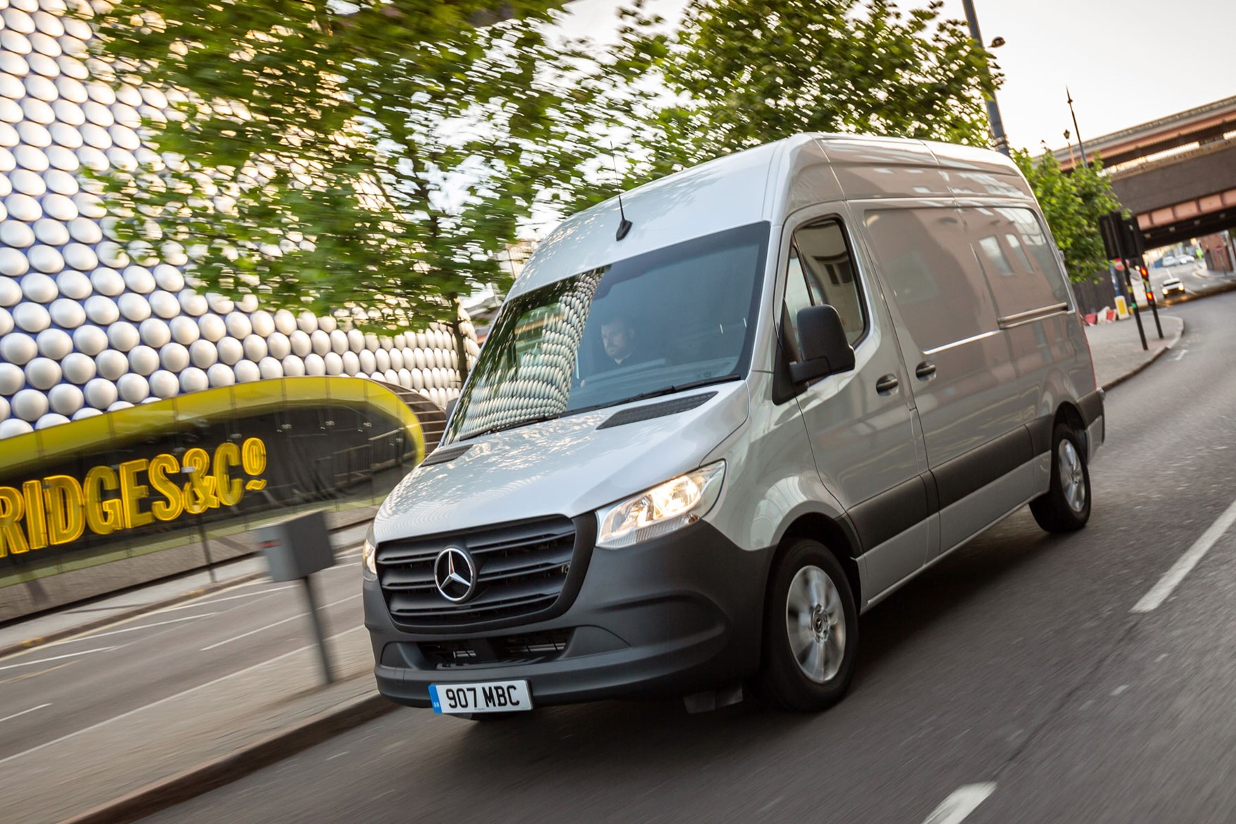 Mercedes Sprinter (2018-on), front view, silver, UK, driving
