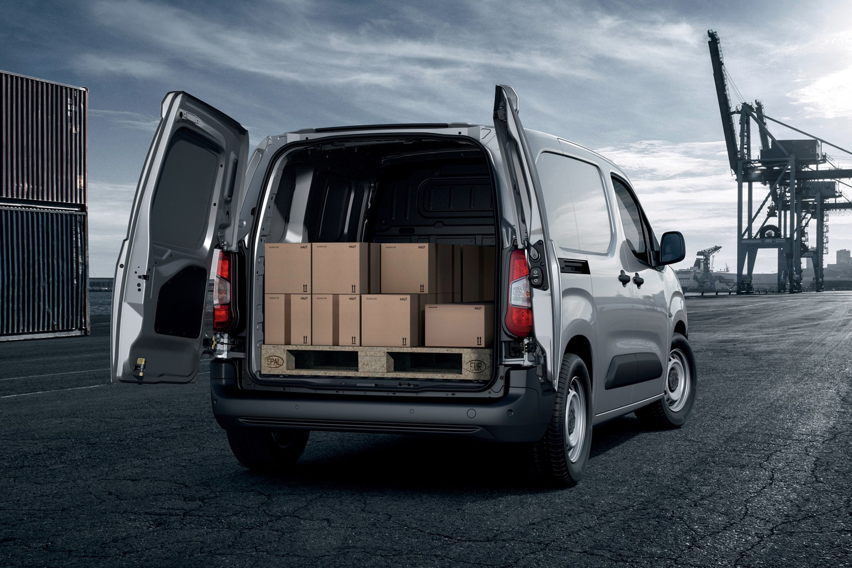 Peugeot Partner review 2020, rear view, load area filled with boxes