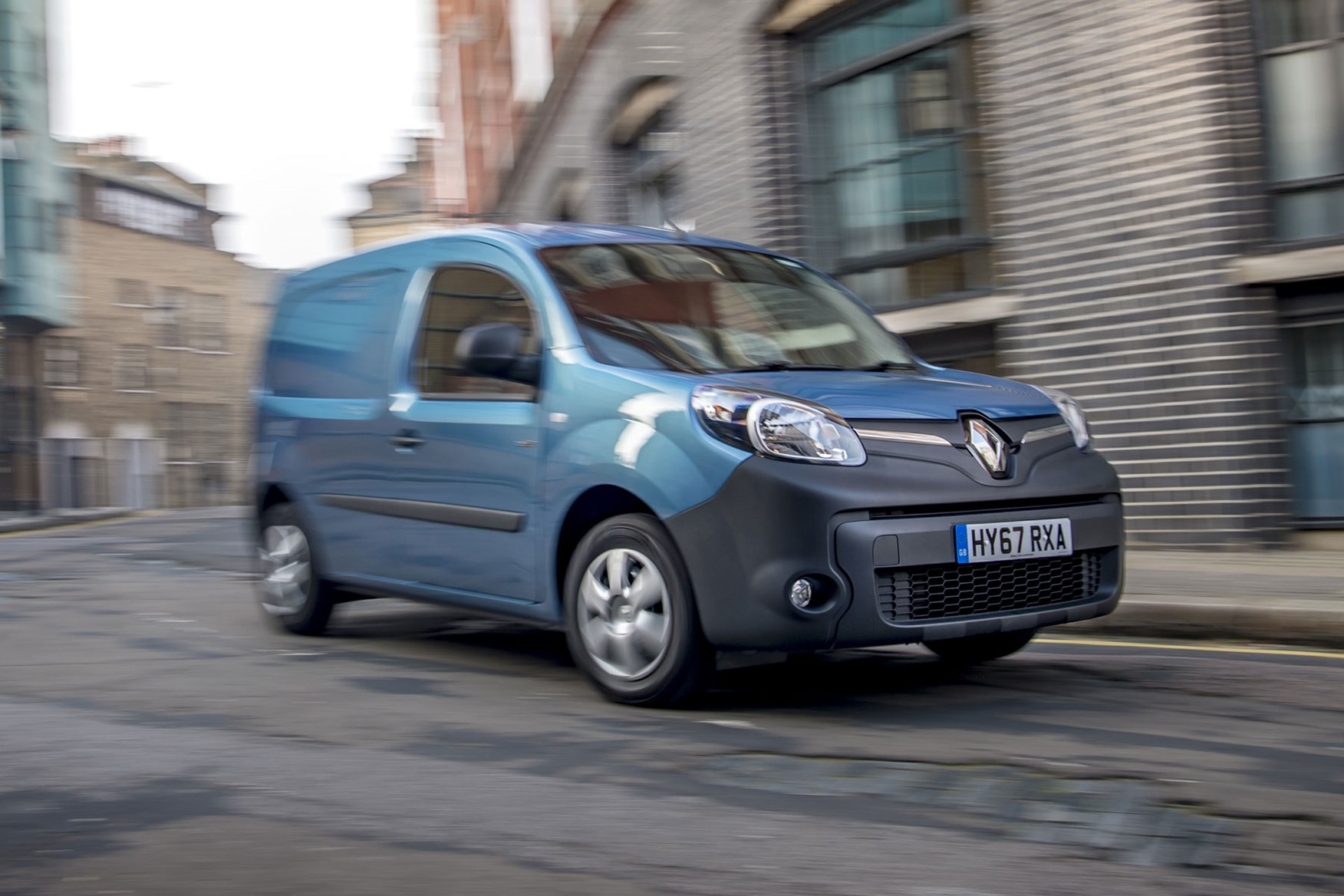 Renault Kangoo ZE review 2020 - front view, blue, driving round corner