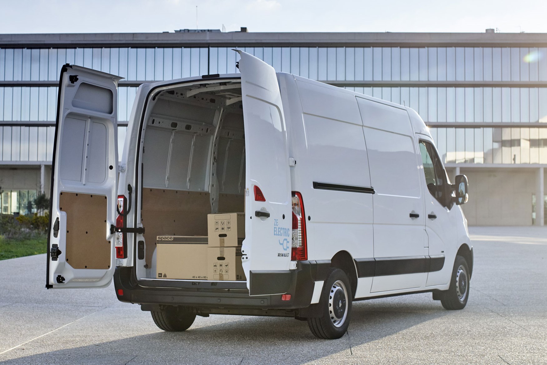Renault Master ZE electric van review, 2020 - rear view, load area with boxes