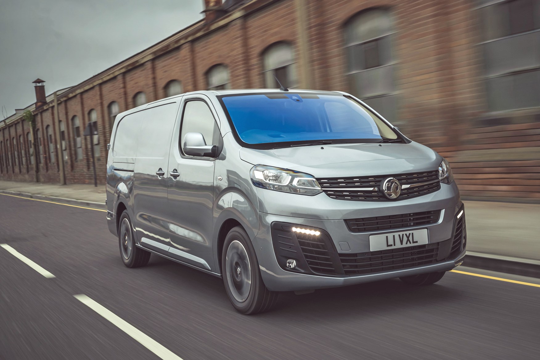 Vauxhall Vivaro-e review, 2020, electric van, front view, driving, grey