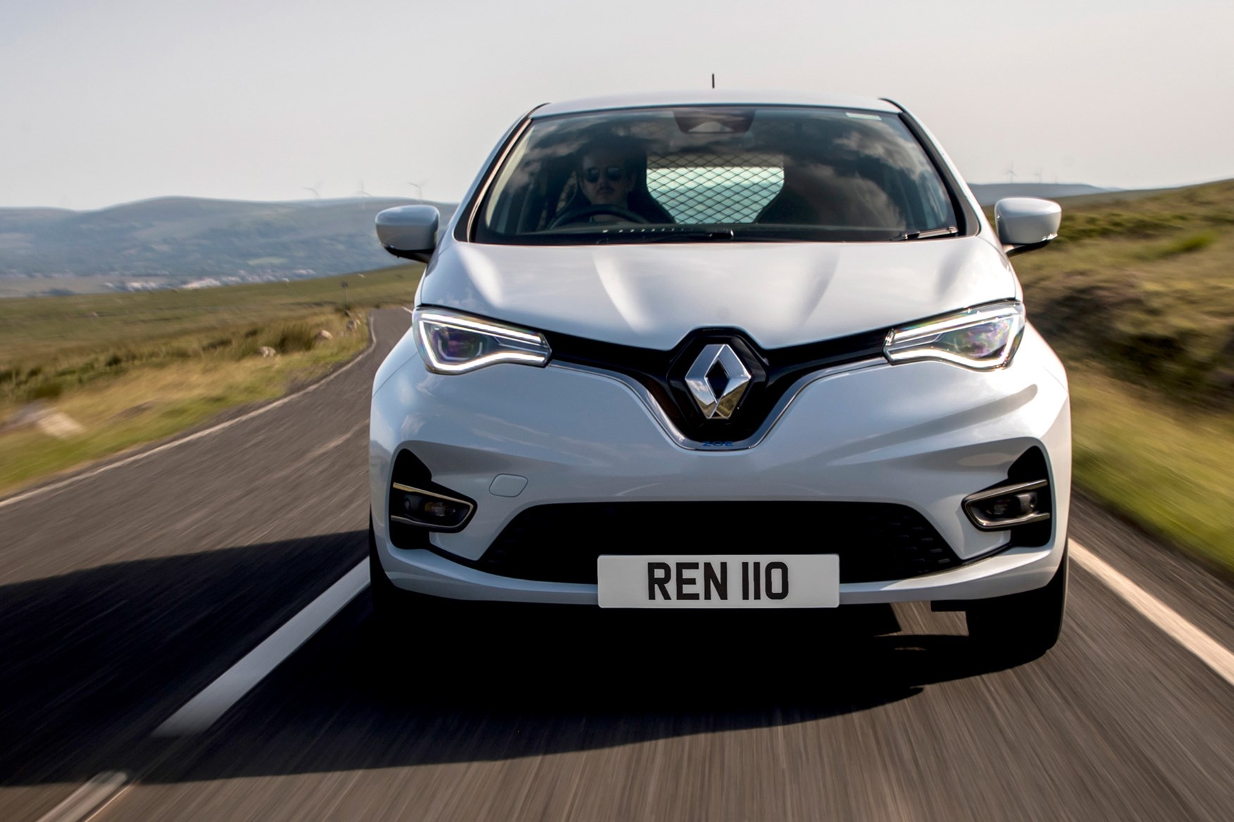Renault Zoe Van review, 2020, dead-on  front view, white, driving