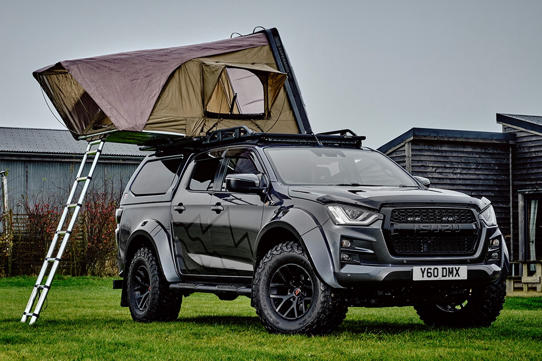 Isuzu D-Max AT35 Basecamp, tent up, front three quarters