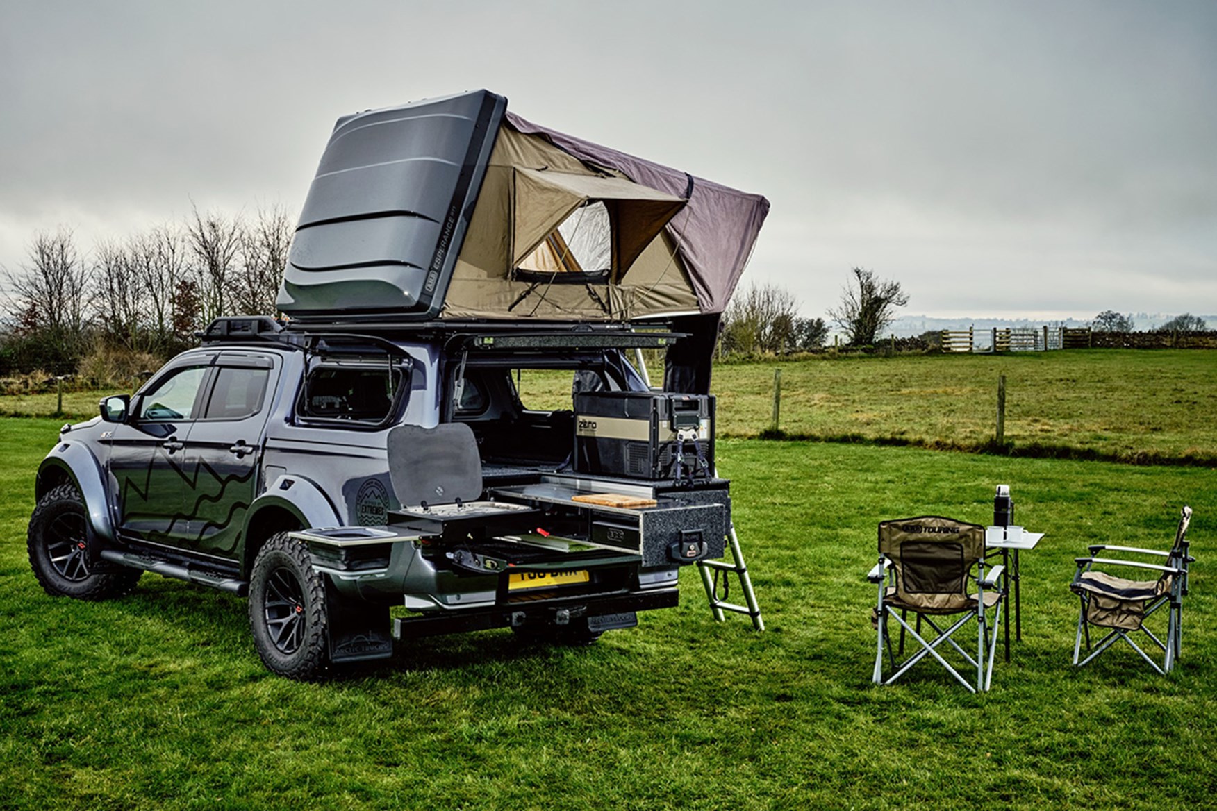 Isuzu D-Max AT35 Basecamp, tent up - kitchen set up, rear