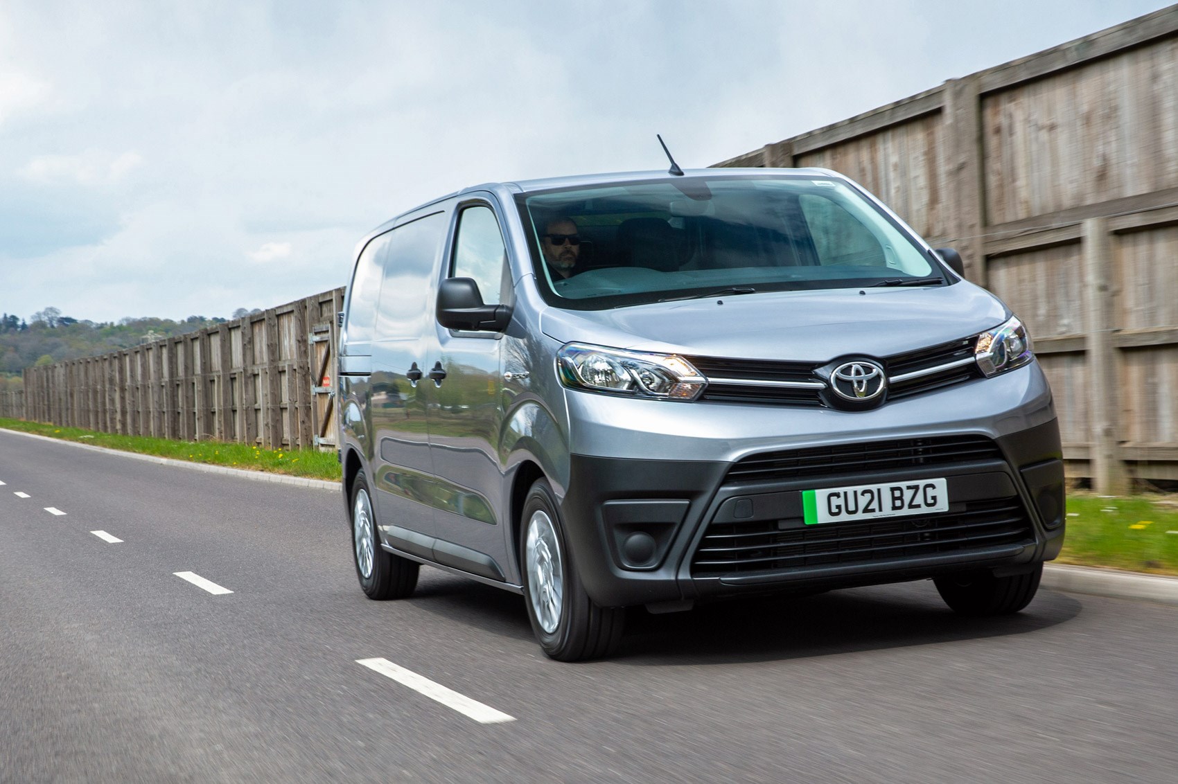 Toyota Proace Electric van review, front view, driving, silver