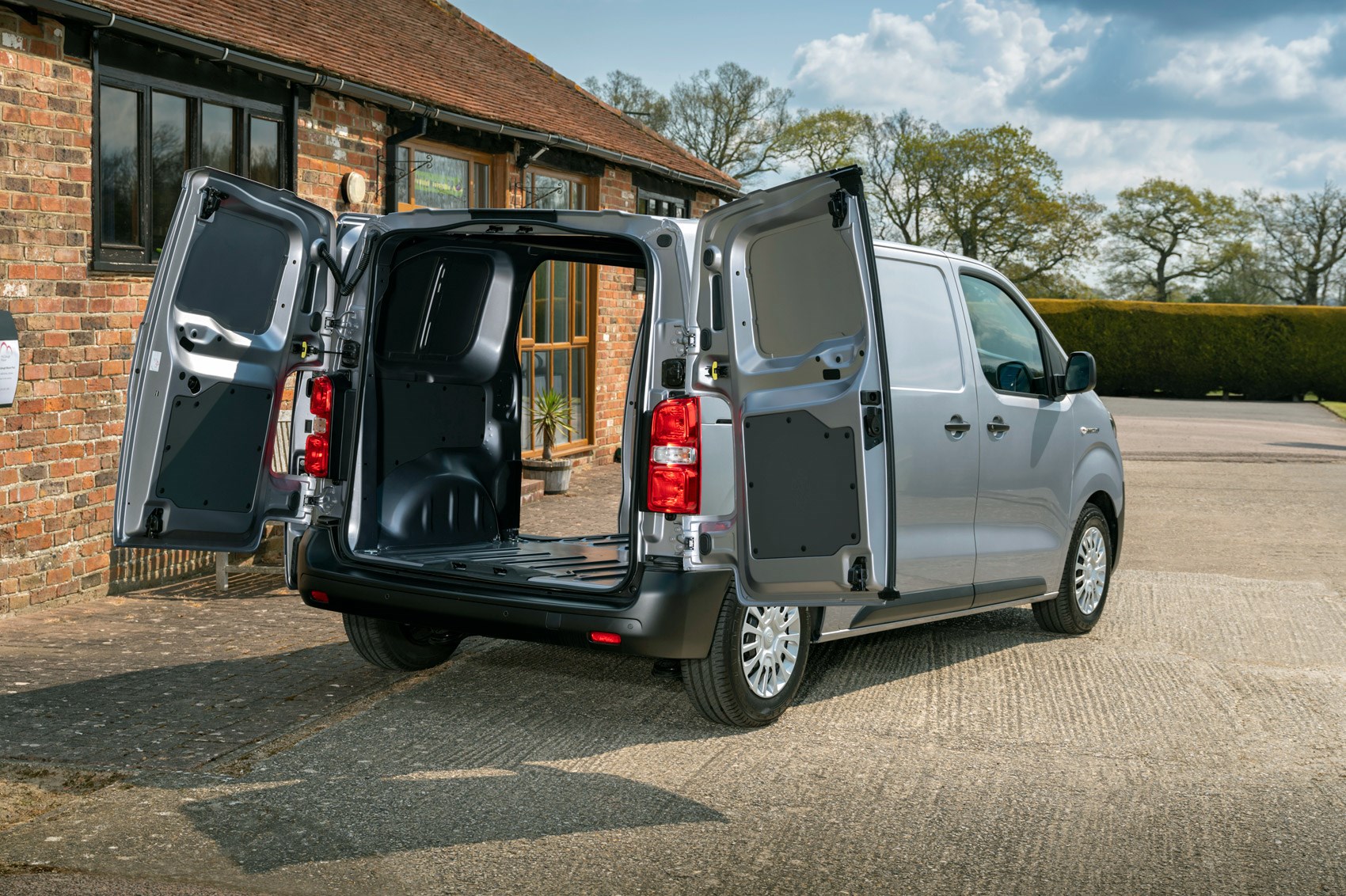 Toyota Proace Electric van review, rear view, loaded van with doors open