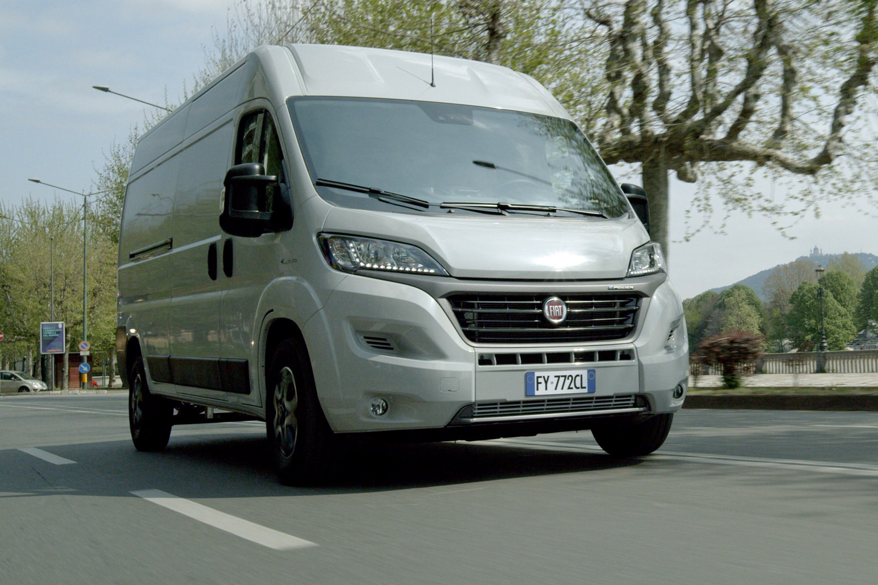 Fiat E-Ducato review - front view, white, driving