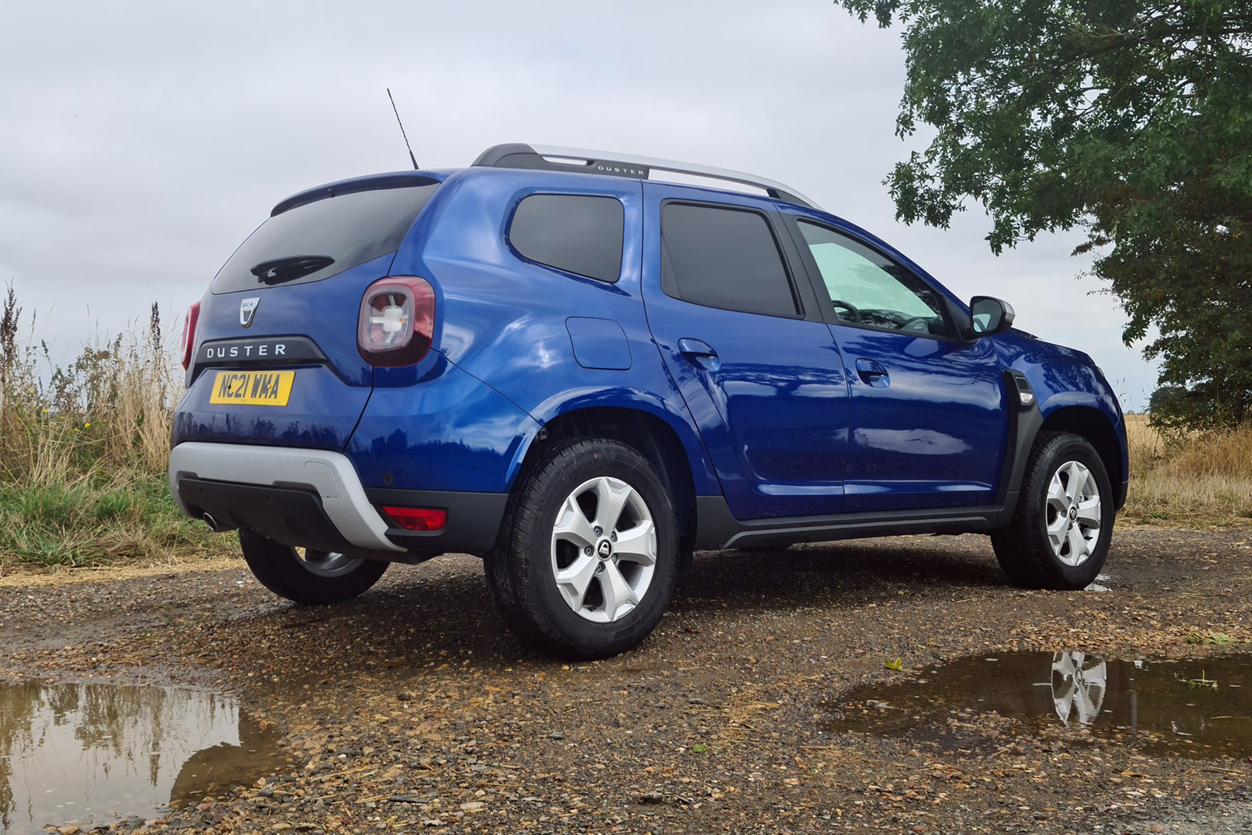 Dacia Duster Commercial review, rear view, reflections, blue