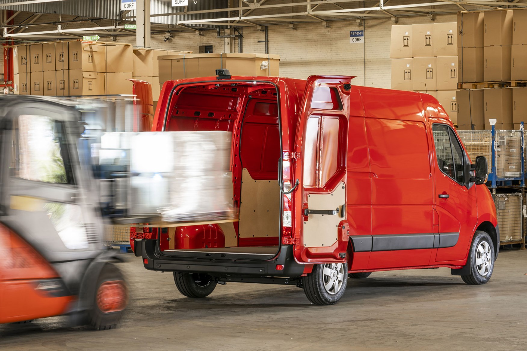 Vauxhall Movano - 2020 model year, being loaded though rear doors by forklift truck, 2019